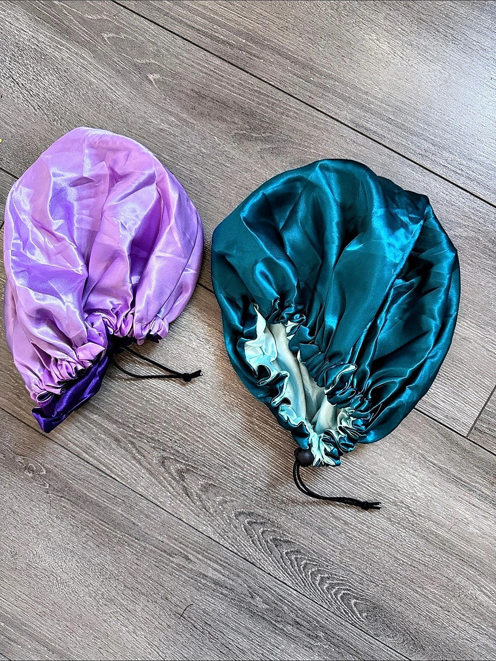Satin Drawstring Bonnets Purple & Blue
